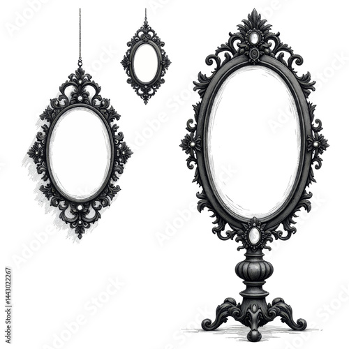 Ornate black vintage mirrors on white background