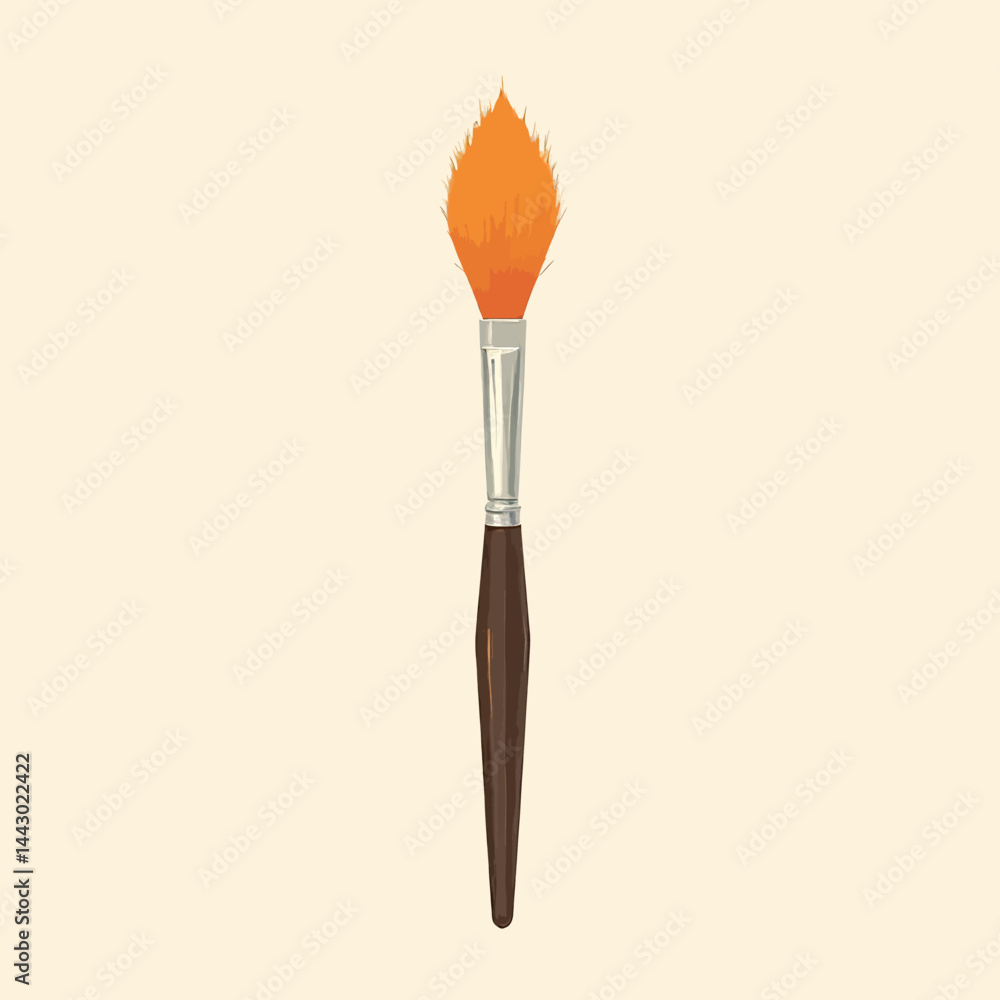 Orange paintbrush with wooden handle on beige background