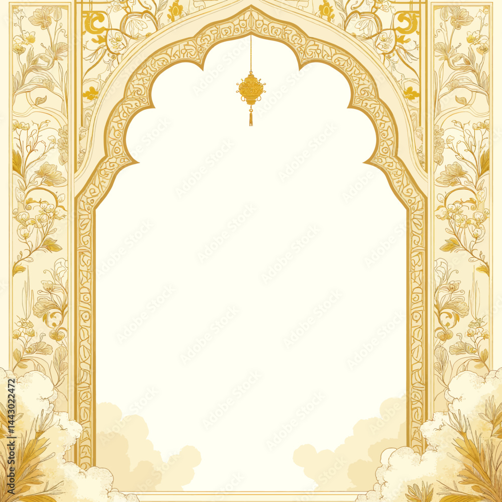 Ornate gold archway with floral designs and lantern