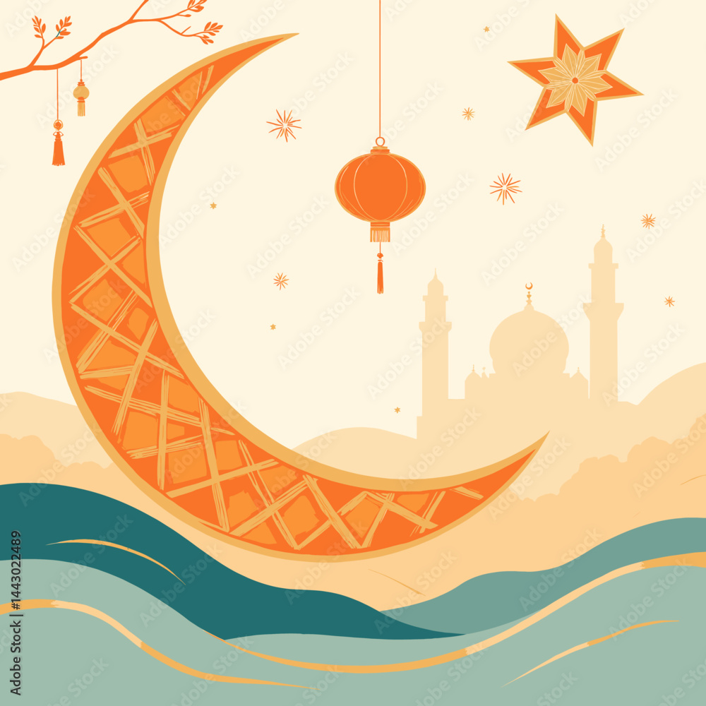 Orange moon, lantern, and mosque for Ramadan celebration
