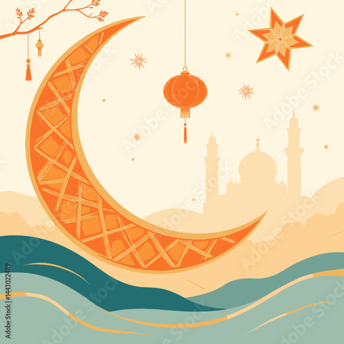 Orange moon, lantern, and mosque for Ramadan celebration