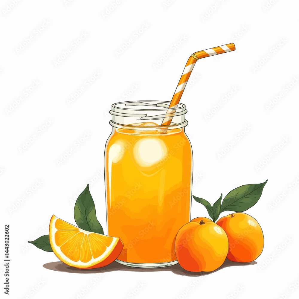 Orange Juice in Jar with Striped Straw and Fruit