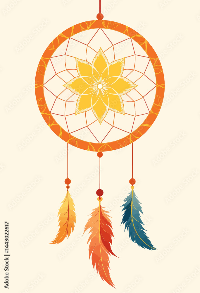 Orange Dreamcatcher with Yellow Flower and Feathers