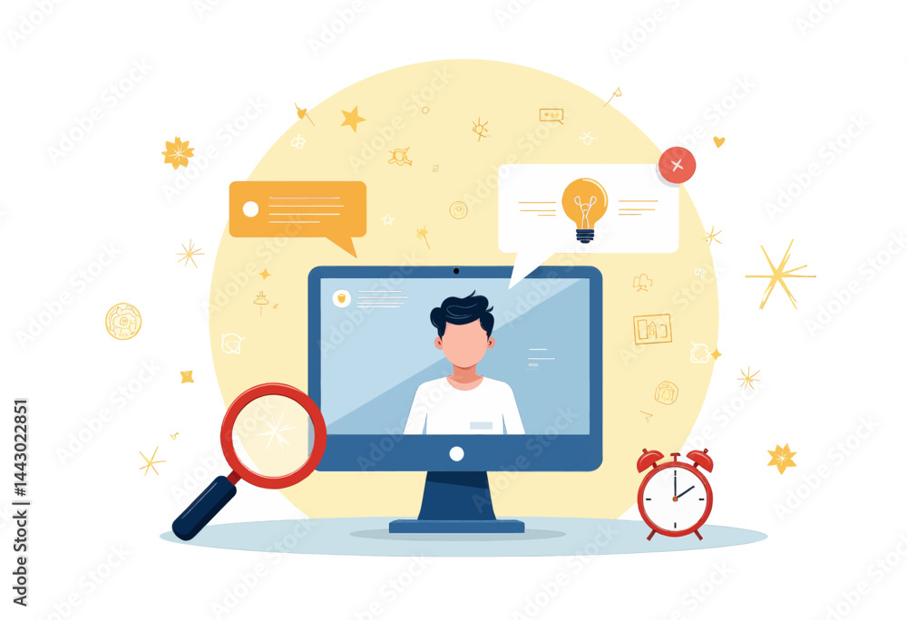 Online learning concept with computer, alarm clock, and magnifying glass