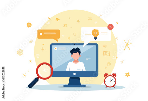 Obraz na płótnie Online learning concept with computer, alarm clock, and magnifying glass w salonie