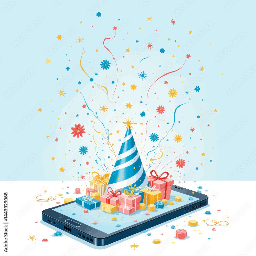 Online celebration with gifts, confetti, and party hat on phone screen
