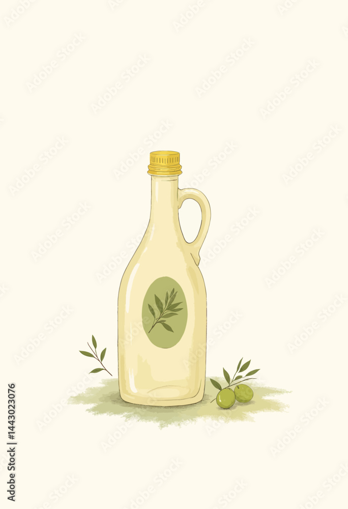 Olive oil bottle with olives and leaves illustration