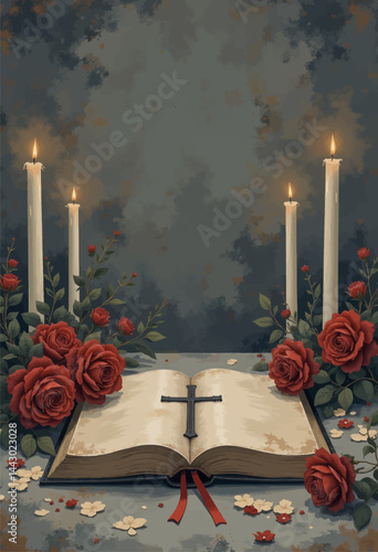 Open Bible with Cross, Roses, and Candles