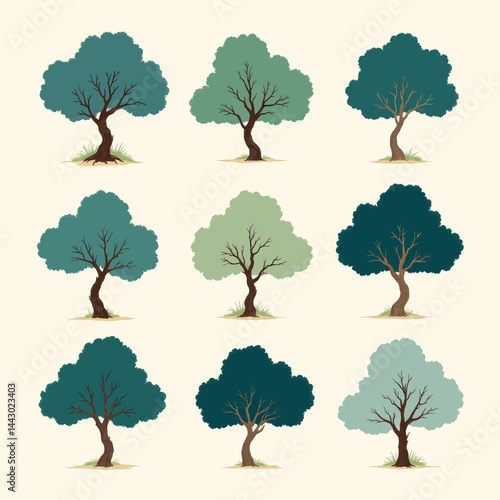 Obraz na płótnie Nine stylized trees, various shades of green foliage w salonie