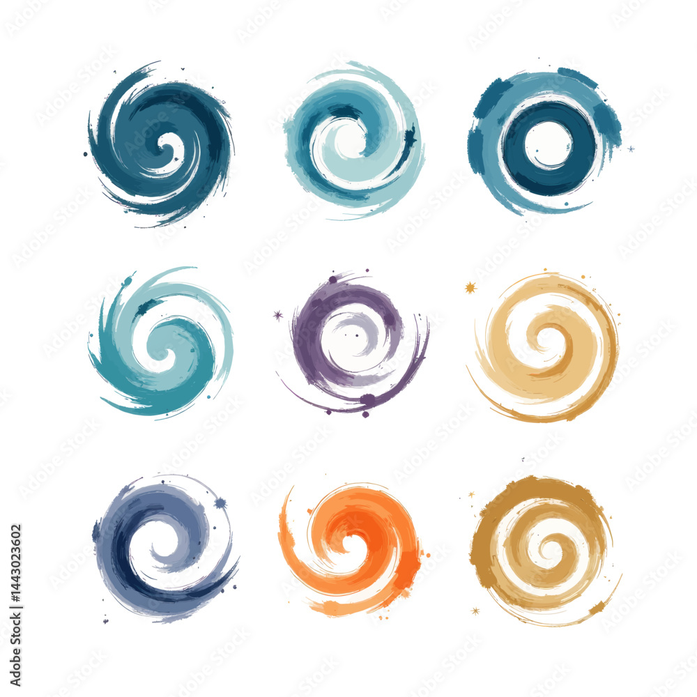 Nine Colorful Swirls, Abstract Brushstrokes on White