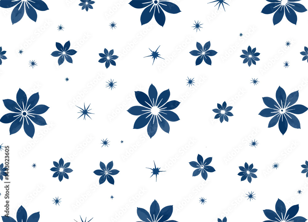 Navy floral and star pattern on white background