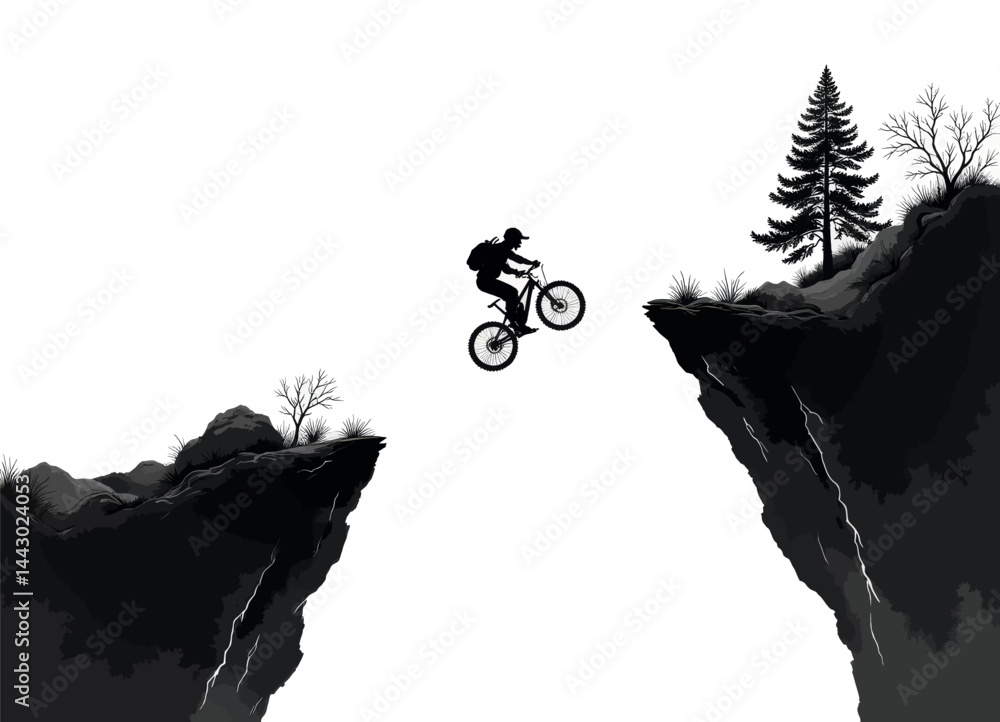 Mountain biker jumps cliff gap silhouette illustration