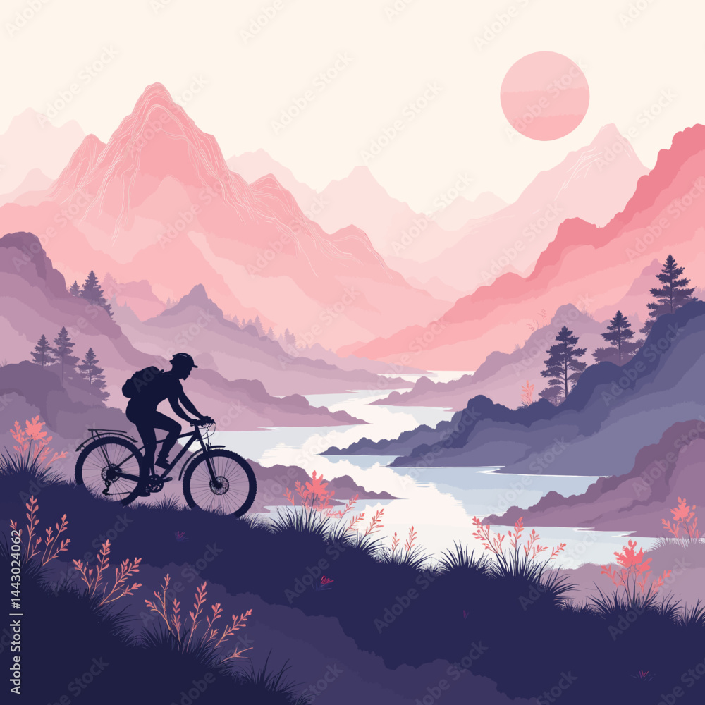 Mountain Biker Silhouette at Sunset Landscape Illustration