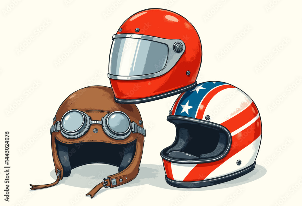 Motorcycle Helmet Stack: Red, Patriotic, and Leather Aviator