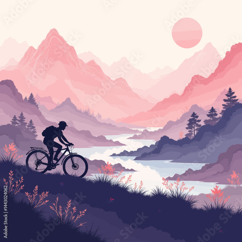 Obraz na płótnie Mountain Biker Silhouette at Sunset Landscape Illustration w salonie