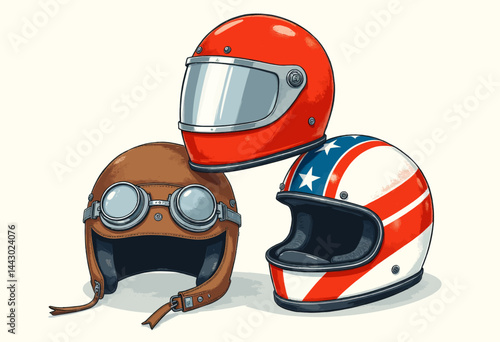Obraz na płótnie Motorcycle Helmet Stack: Red, Patriotic, and Leather Aviator w salonie