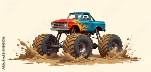 Obraz na płótnie Monster Truck Splashing Through Muddy Terrain w salonie