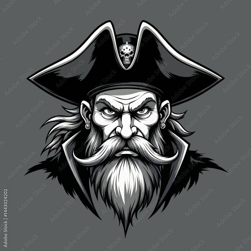Monochrome Pirate Portrait with Skull Hat Detail