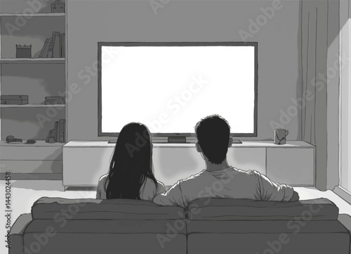 Obraz na płótnie Monochrome Couple Watching Blank TV Screen at Home w salonie