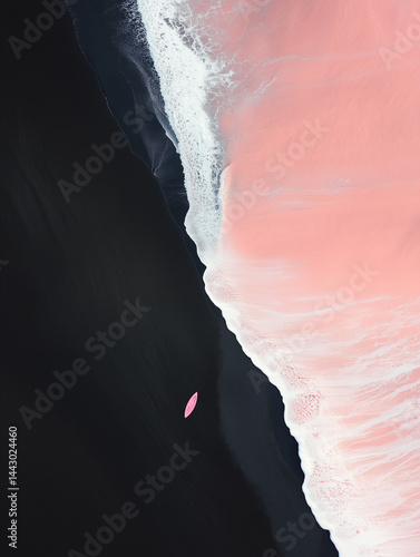 Drone shot of pink waves on a black sand beach with a pink surfboard