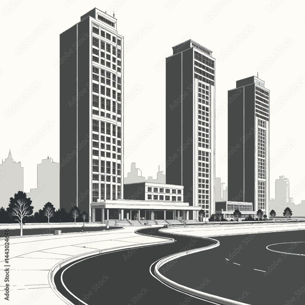Monochrome city buildings with winding road and skyline