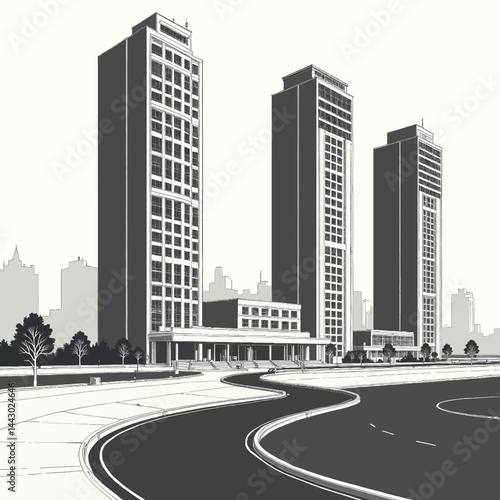 Obraz na płótnie Monochrome city buildings with winding road and skyline w salonie