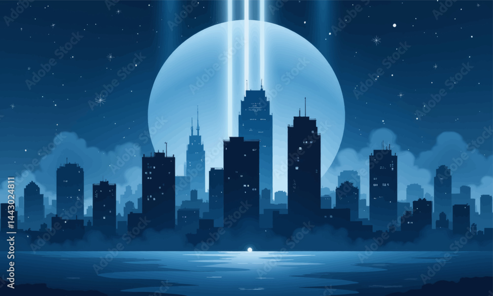 Monochromatic Blue Cityscape with Moon and Light Beams