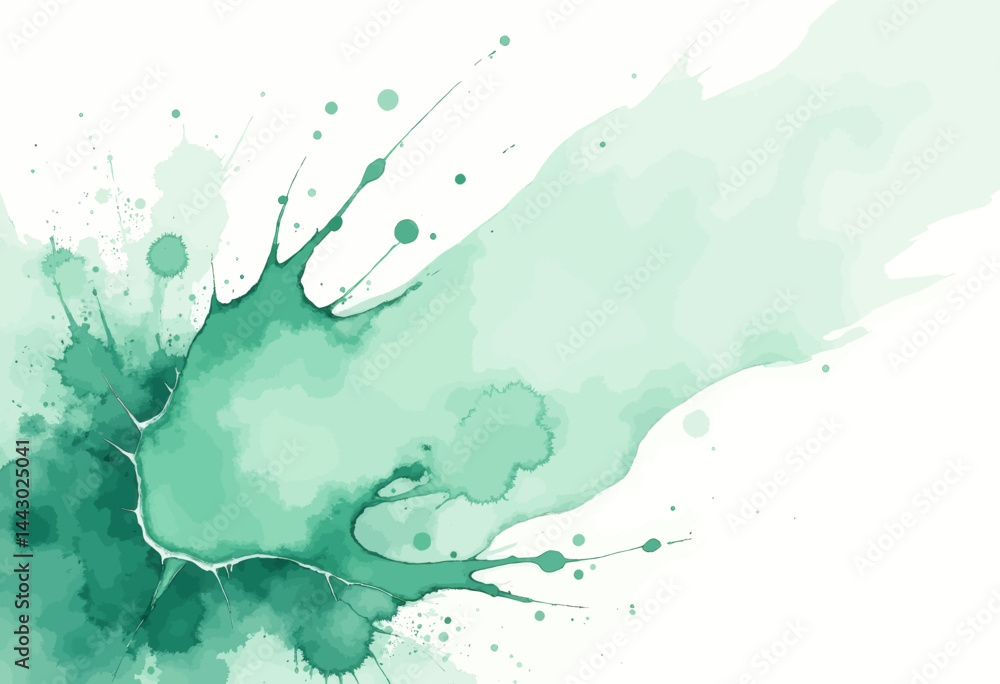 Mint Green Watercolor Splash with Splatters on White