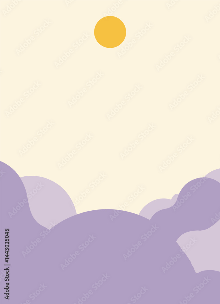 Minimalist Purple Landscape with Yellow Sun