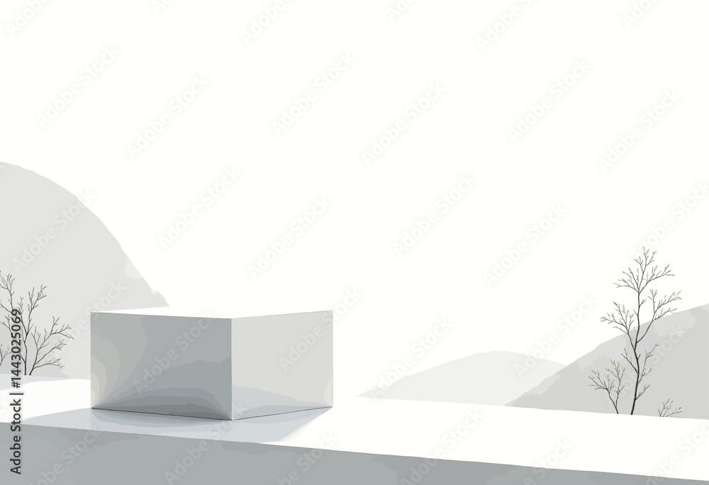 Minimalist White Cube Display with Mountain Backdrop