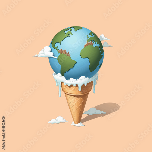 Melting Earth Globe on Ice Cream Cone, Climate Change