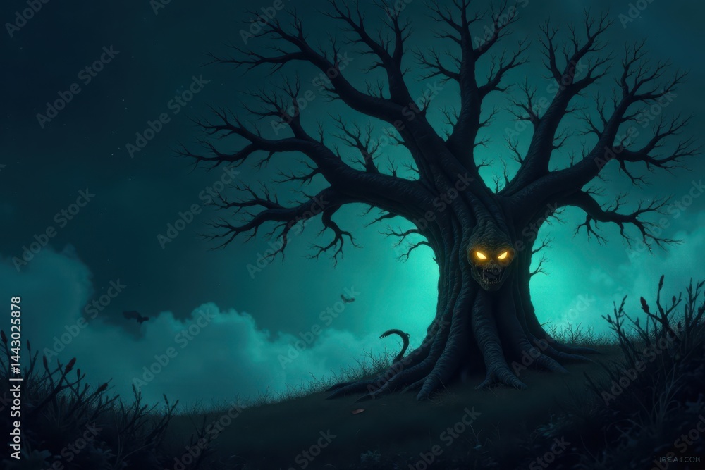 Fototapeta premium Spooky tree with glowing eyes and creepy vines, tree, haunted