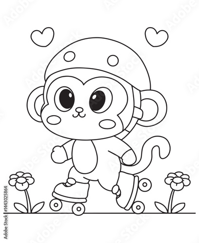 Coloring book cute monkey on roller skates with a helmet among flowers and hearts
