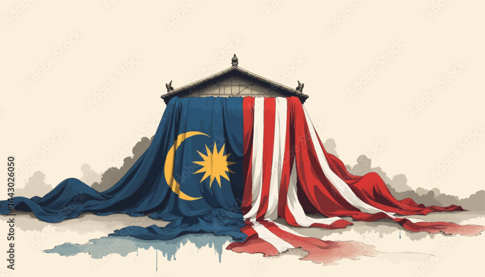 Malaysia flag draped over building, artistic rendering