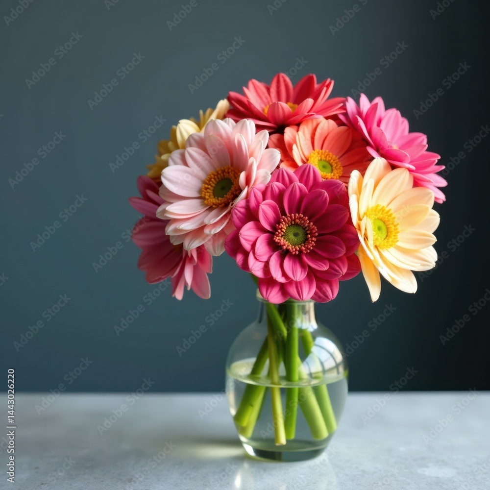 Fototapeta premium Stacked blooms of various colors in a clear glass container , glass vase, nature