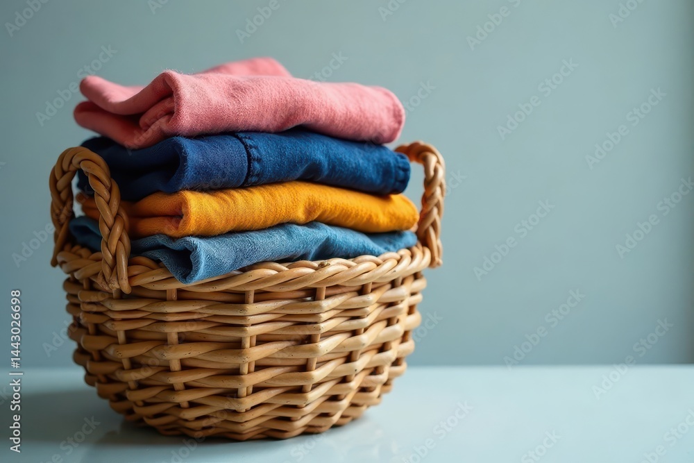 Obraz premium Stack of folded jeans and sweaters in a woven felt basket, felt, closet