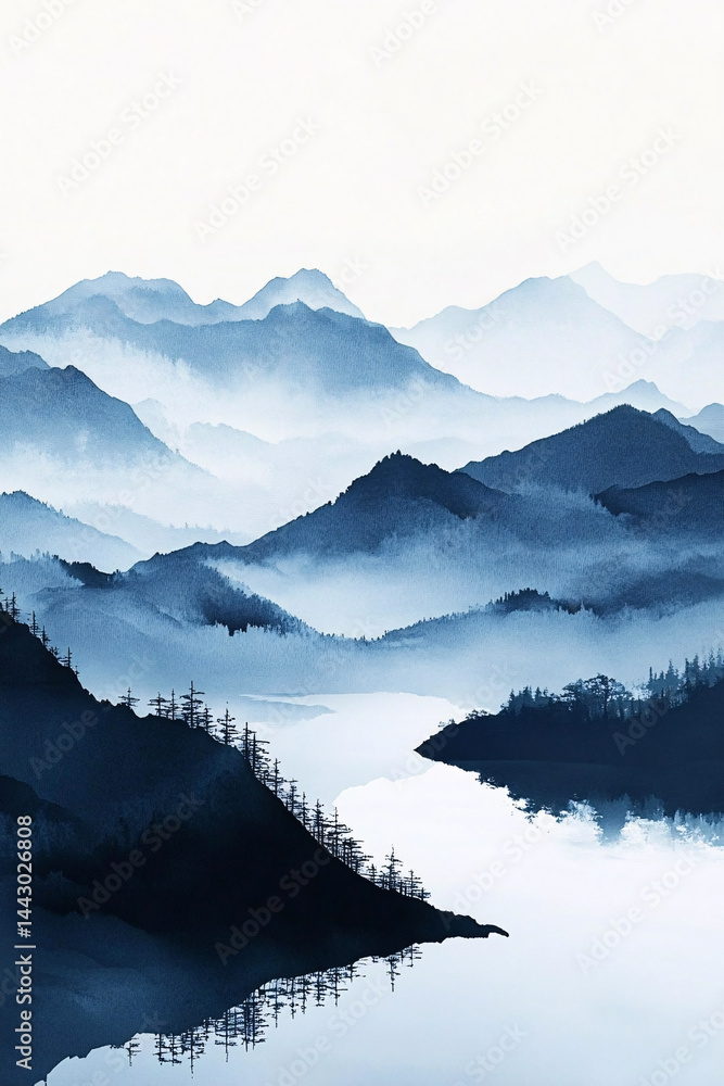Fototapeta premium A watercolor painting of layered blue mountains, serene lake, and reflections in a calm landscape.