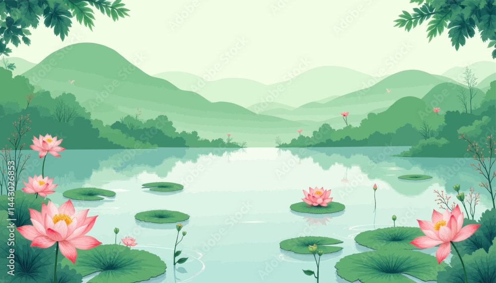Lotus flowers on a serene lake with misty mountains