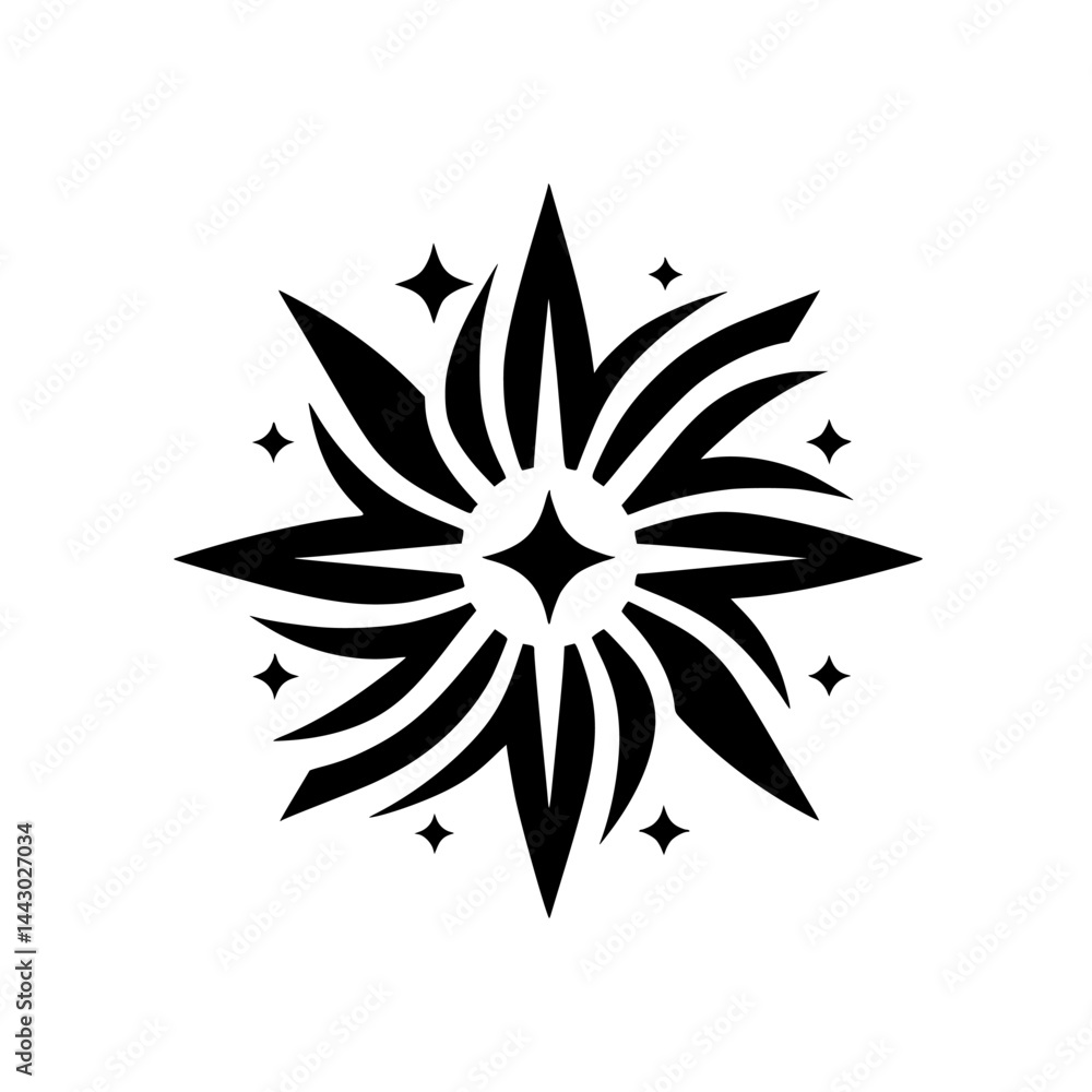 Dynamic Black & White Starburst Symbol Illustration with Sparks - Energetic Graphic Design Element Dynamic Black & White Starburst Symbol Illustration with Sparks - Energetic Graphic Design Element