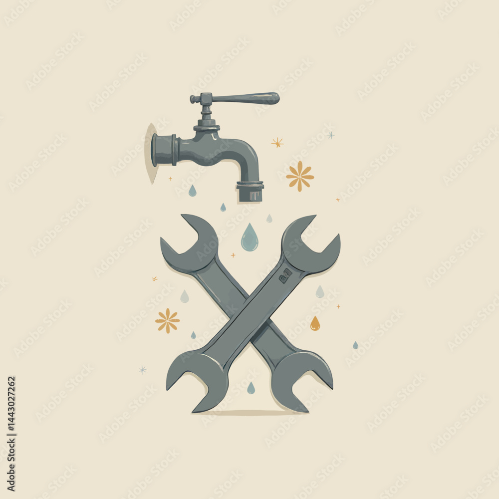 Leaky faucet with crossed wrenches and water droplets illustration