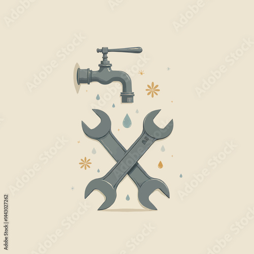 Obraz na płótnie Leaky faucet with crossed wrenches and water droplets illustration w salonie