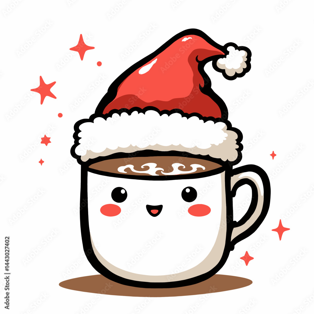 Kawaii Coffee Cup with Santa Hat and Stars