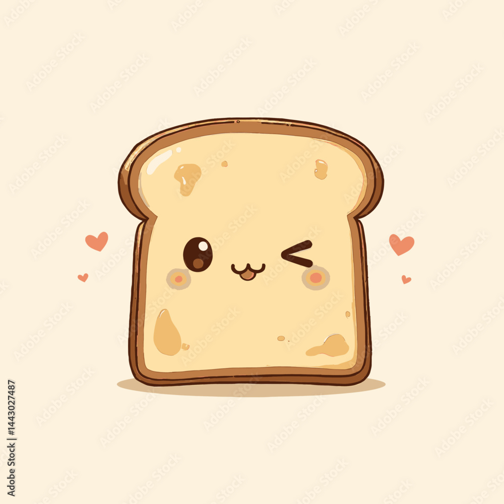 Kawaii toast slice winking with hearts, cute food art