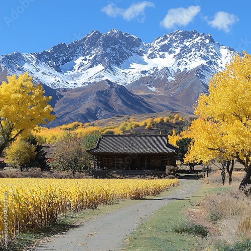 Autumnal vista; golden field, pagoda, snow-capped mountains