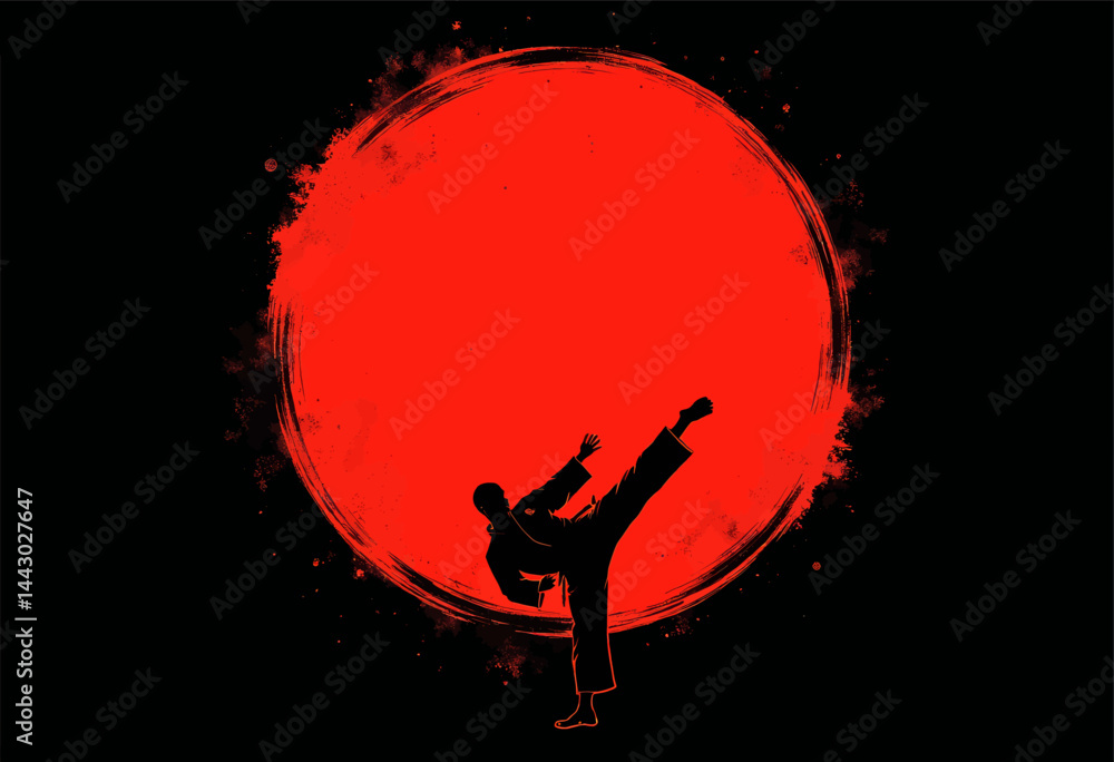 Karate Silhouette High Kick Against Red Sun