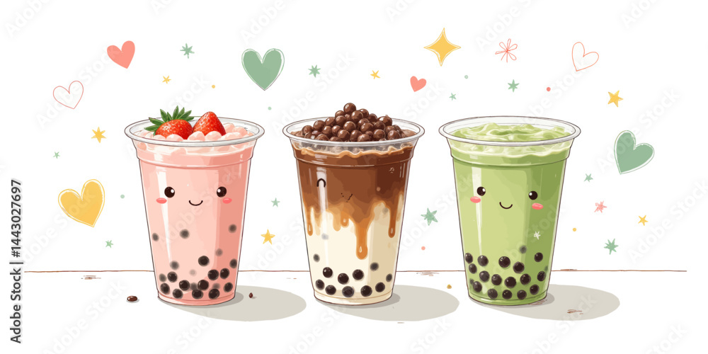 Kawaii Boba Tea Trio with Strawberry, Chocolate, Matcha Flavors