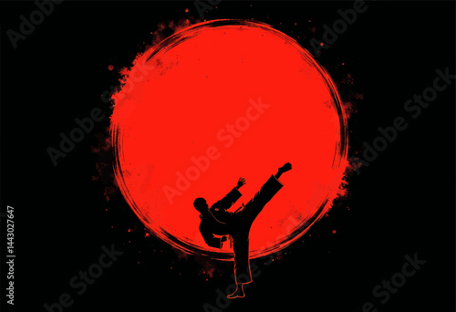 Obraz na płótnie Karate Silhouette High Kick Against Red Sun w salonie