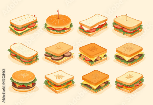 Obraz na płótnie Isometric Sandwiches with Cheese, Tomato, and Lettuce Variety w salonie