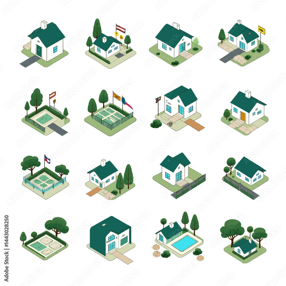 Isometric houses with gardens and flags collection