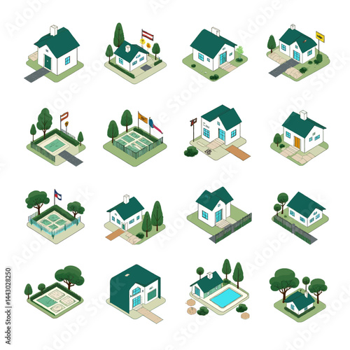Obraz na płótnie Isometric houses with gardens and flags collection w salonie